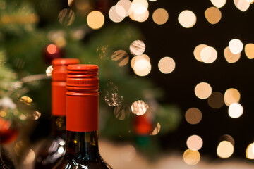 Christmas and New Year with champagne. New Year's holiday two bottles wine on the background of the...