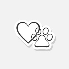 Paw print with a heart sticker icon isolated on white background