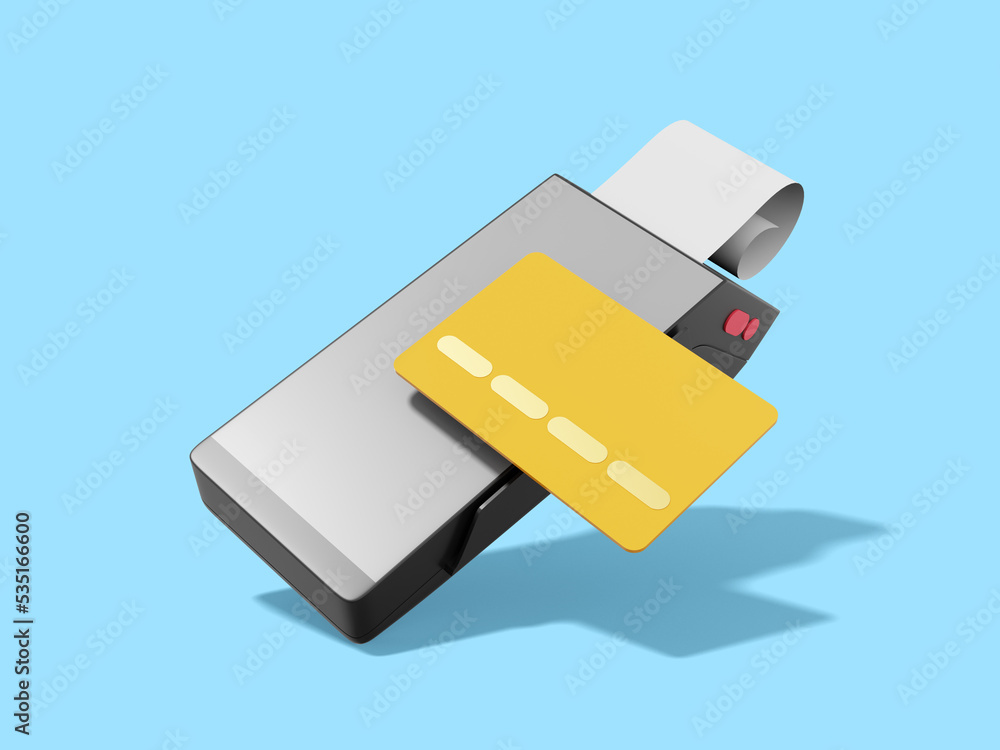 Aufkleber modern machine for cashless payment. gray black pos terminal with credit card and check. device for 