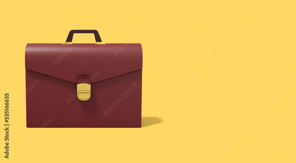 Poster brown briefcase on yellow background. front view. portfolio icon banner with space for text. 3d rend