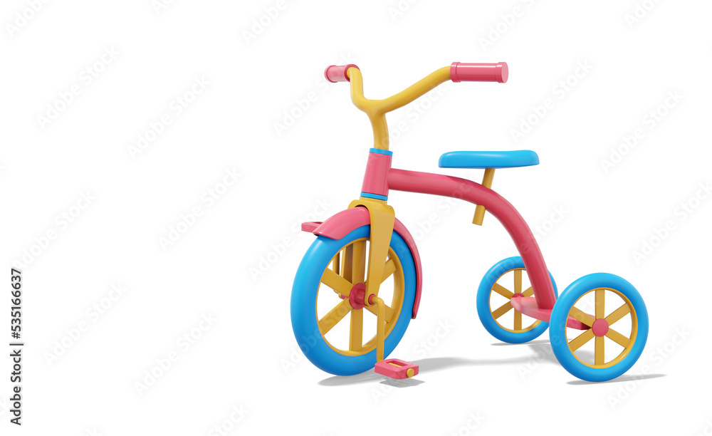 Poster 3d rendering. multicolored tricycle on white background with space for text. vehicle.