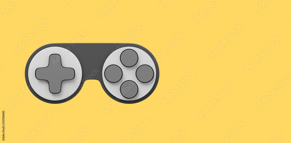Poster minimalistic console game controller. gray icon on yellow background with space for text. 3d renderi