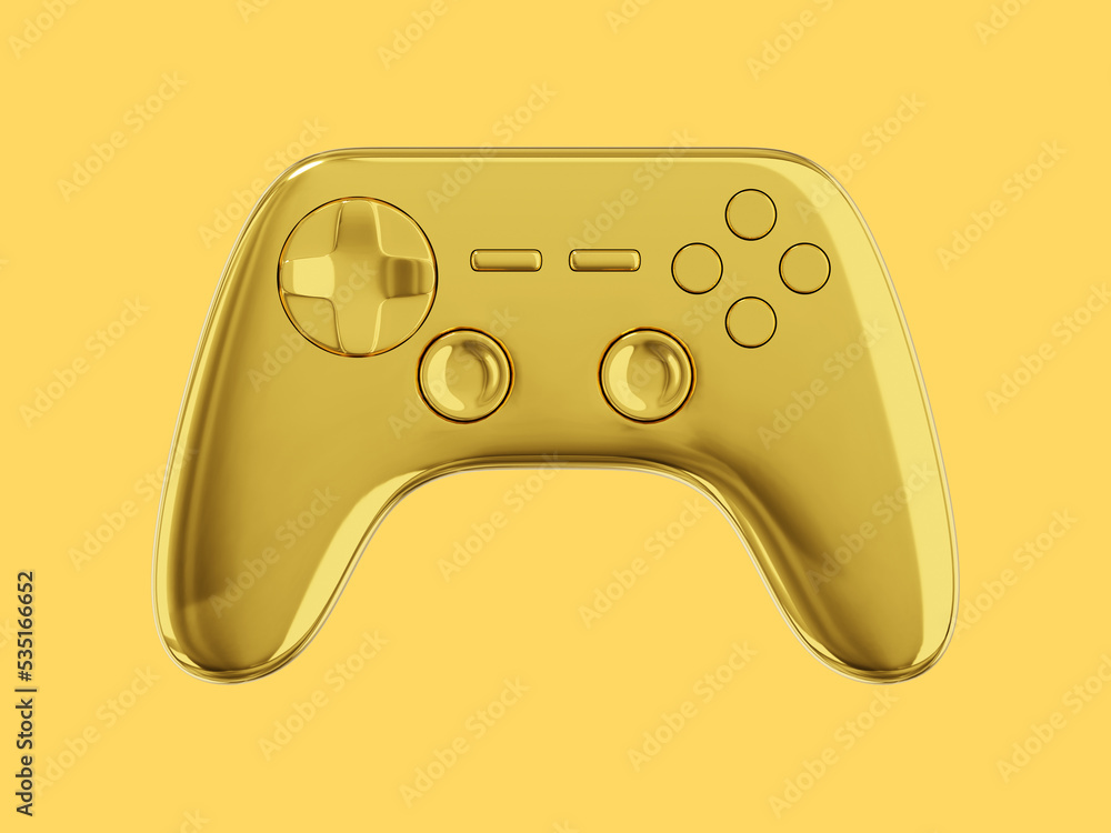 Poster realistic console game controller. gold isolated icon on yellow background. 3d rendering.