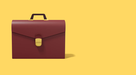 Brown briefcase on yellow background. Front view. Portfolio icon banner with space for text. 3D rendering.