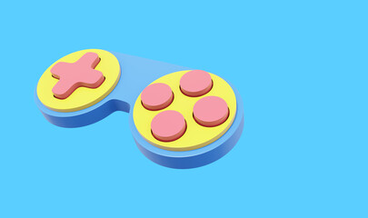 Minimalistic console game controller. Multicolored icon on blue background with space for text. 3D rendering.
