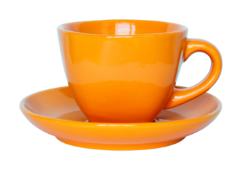 empty orange cup and saucer isolated with clipping path for mockup
