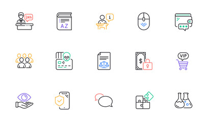 Health eye, Puzzle and Podium line icons for website, printing. Collection of Wallet, Cyber attack, Phone insurance icons. Vip shopping, Messenger, Vocabulary web elements. Vector