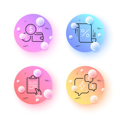Currency rate, Stress and Loan percent minimal line icons. 3d spheres or balls buttons. Clipboard icons. For web, application, printing. Financial exchange, Anxiety chat, Discount blueprint. Vector