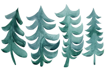 Watercolor Christmas trees set, modern design. Hand drawn. Holiday greeting card