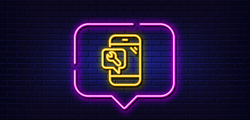 Neon light speech bubble. Spanner tool line icon. Phone repair service sign. Fix instruments symbol. Neon light background. Phone repair glow line. Brick wall banner. Vector