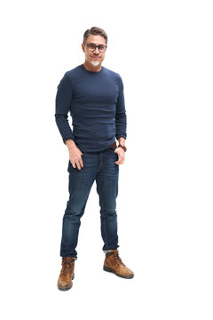 Full Length Portrait Of Happy Casual Older Man Smiling, Mid Adult, Mature Age Guy Standing, Isolated On White Background.