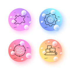 Naklejka premium Wholesale goods, Dirty spot and Settings gear minimal line icons. 3d spheres or balls buttons. Stress icons. For web, application, printing. Warehouse belt, Laundry service, Technology process. Vector