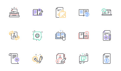 Technical documentation line icons. Instruction, Plan and Manual. Algorithm linear icon set. Bicolor outline web elements. Vector