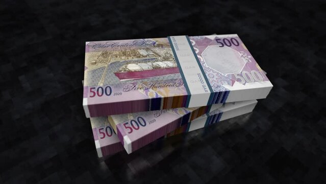 Qatar money Riyal money pile pack. Concept background of economy, banking, business, crisis, recession, debt and finance. 500 QAR banknotes stacks 3d animation.