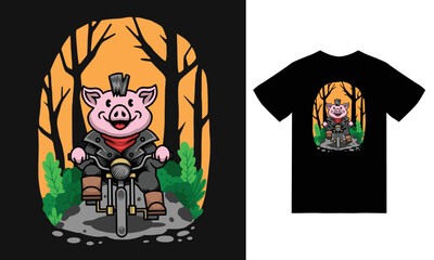 Cute pig riding bicycle illustration with t shirt design premium vector