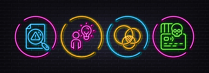 Search document, Euler diagram and Group people minimal line icons. Neon laser 3d lights. Cyber attack icons. For web, application, printing. Vector