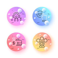 Video conference, Salary and Checkbox minimal line icons. 3d spheres or balls buttons. Inclusion icons. For web, application, printing. Online meeting, Diplomat with money bag, Confirmed. Vector