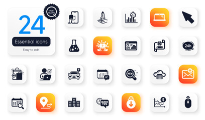 Set of Technology flat icons. Report timer, Quick tips and New mail elements for web application. Parking, Scroll down, Seo shopping icons. Laptop, Teamwork question, Journey elements. Vector