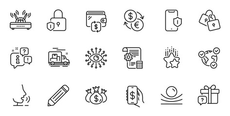 Outline set of Smartphone protection, Online voting and Currency exchange line icons for web application. Talk, information, delivery truck outline icon. Vector