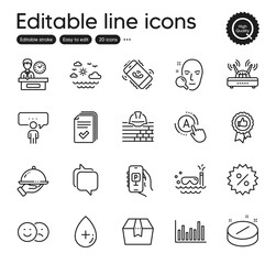 Set of Business outline icons. Contains icons as Messenger, Consulting business and Positive feedback elements. Travel sea, Wifi, Bar diagram web signs. Presentation time, Handout. Vector