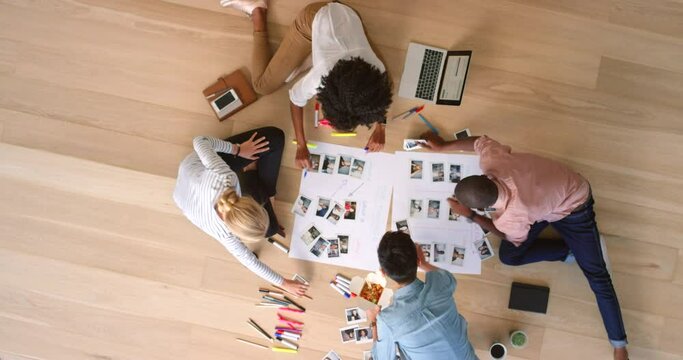Creative team, collaboration and schedule planning on poster for teamwork project, web design or photo contact sheet with a laptop. Above agency with editor men and woman at a modern tech company