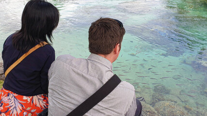 A mixed race couple sitting together at the edge of a tropical basin watching fish swimming in the...