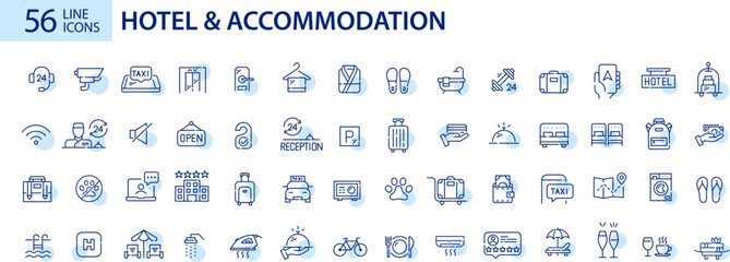 56 hotel and accommodation line icons. Travel lodgings. Pixel perfect, editable stroke