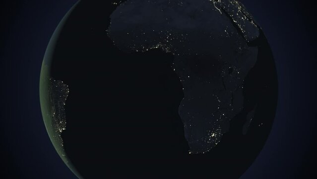 Seamless looping animation of the earth at night zooming in to the 3d map of Angola with the capital and the biggest cites in 4K resolution