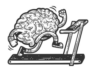 brain running training on treadmill sketch engraving raster illustration. Scratch board imitation. Black and white hand drawn image.