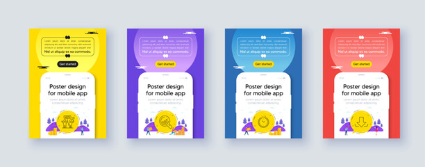 Simple set of Time, Seo analysis and Voting campaign line icons. Poster offer design with phone interface mockup. Include Download icons. For web, application. Vector