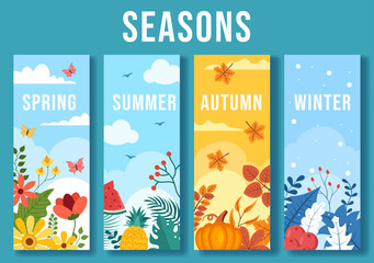 Scenery of the Four Seasons of Nature with Landscape Spring, Summer, Autumn and Winter in Template Hand Drawn Cartoon Flat Style Illustration