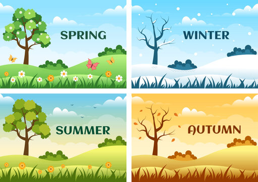 Scenery of the Four Seasons of Nature with Landscape Spring, Summer, Autumn and Winter in Template Hand Drawn Cartoon Flat Style Illustration