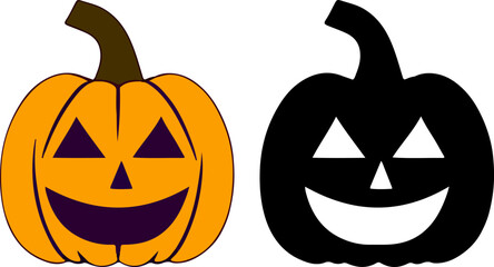 Halloween pumpkin face. Orange Jack o lantern pumpkin sticker icon with happy scary smile. Symbol of Halloween holiday black silhouette isolated on white background