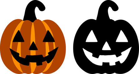 Halloween pumpkin face. Dark orange Jack o lantern pumpkin sticker icon with happy scary smile. Symbol of Halloween holiday black silhouette isolated on white background