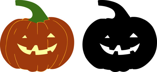 Halloween pumpkin face. Dark orange Jack o lantern pumpkin sticker icon with happy scary smile. Symbol of Halloween holiday black silhouette isolated on white background