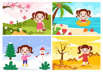 Scenery of the Four Seasons of Nature with Landscape Spring, Summer, Autumn and Winter in Template Hand Drawn Cartoon Flat Style Illustration