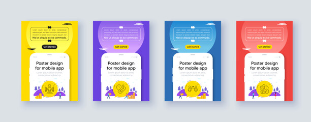 Simple set of Covid test, Social distancing and Coronavirus injections line icons. Poster offer design with phone interface mockup. Include Difficult stress icons. For web, application. Vector