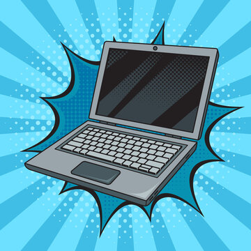 open laptop notebook computer pinup pop art retro raster illustration. Comic book style imitation.