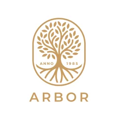 Arbor tree of life logo. Natural product plant growth icon. Botanical wellness spa sign. Eco nature garden emblem. Premium oak tree roots symbol. Vector illustration. © JoelMasson