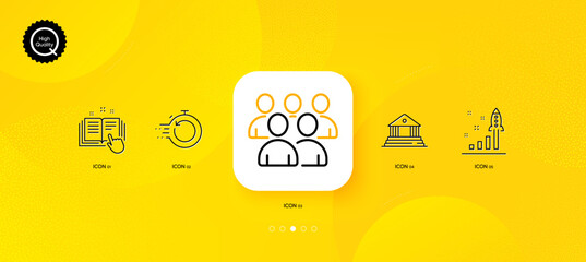 Development plan, Fast recovery and Group minimal line icons. Yellow abstract background. Technical documentation, Court building icons. For web, application, printing. Vector