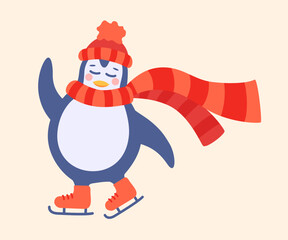 Cute penguin skating on ice rink. Penguin in warm woolen hat and scarf. Vector illustration