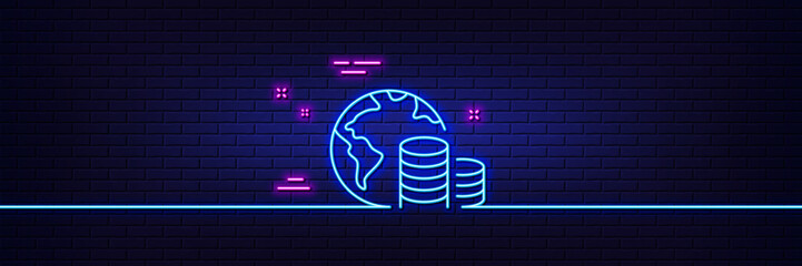 Neon light glow effect. World budget line icon. Internet financial trade sign. Global economy symbol. 3d line neon glow icon. Brick wall banner. Budget outline. Vector