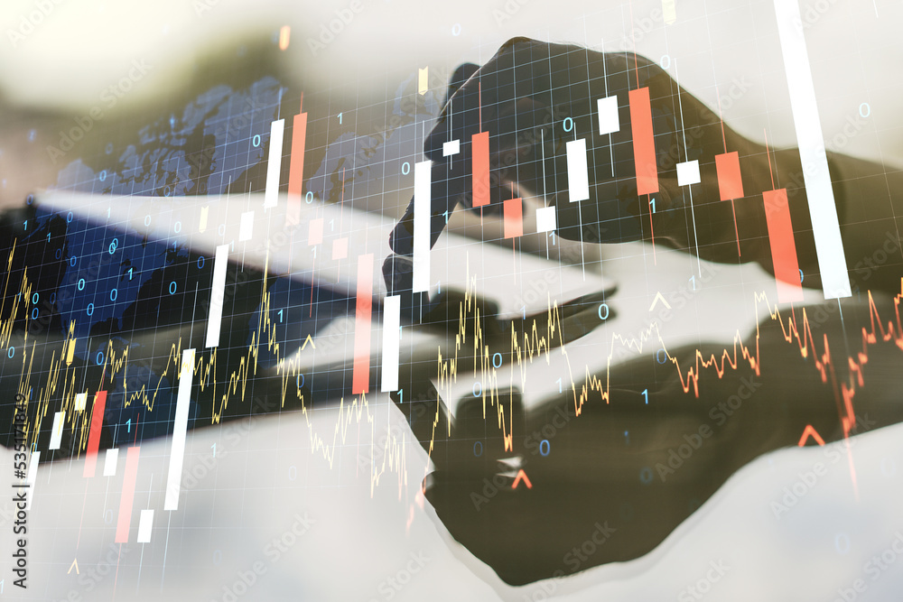 Poster multi exposure of abstract creative financial graph with world map and finger presses on a digital t