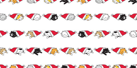 cat seamless pattern christmas santa claus sleeping vector kitten calico tile background scarf isolated gift wrapping paper repeat wallpaper cartoon illustration design
