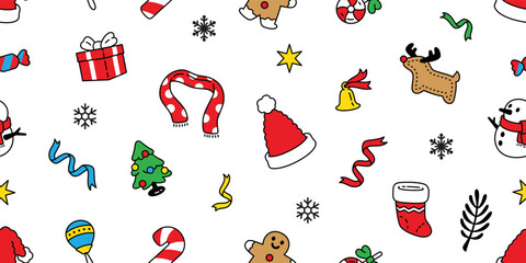 Christmas seamless pattern Santa Claus hat christmas tree snowflake gift box snowman raindeer ginger bread bell scarf isolated tile background repeat wallpaper illustration gift wrapping paper design