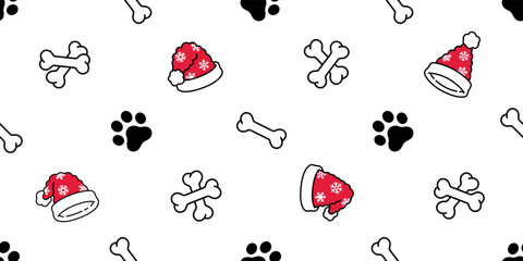 dog paw seamless pattern bone christmas santa claus hat snowflake footprint french bulldog vector puppy pet breed cartoon doodle repeat wallpaper tile background illustration design isolated