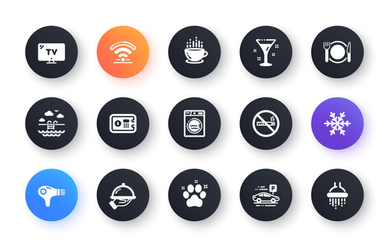 Hotel service icons. Wi-Fi, Air conditioning and Washing machine. Pets, swimming pool and hotel parking icons. Classic set. Circle web buttons. Vector
