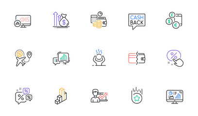 Success business, Difficult stress and Budget line icons for website, printing. Collection of Report statistics, Budget accounting, Payment methods icons. Loyalty star, Currency rate. Vector