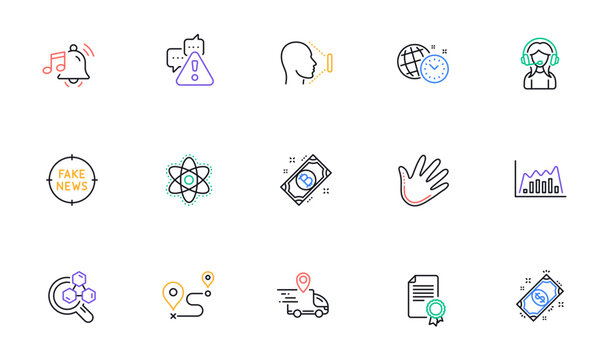 Payment, Bitcoin and Chemistry lab line icons for website, printing. Collection of Hand, Delivery truck, Support icons. Chemistry atom, Journey, Infographic graph web elements. Vector