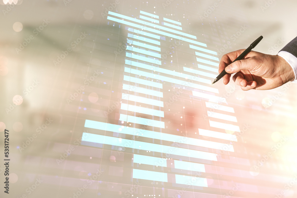 Poster man hand with pen working with virtual bitcoin sketch on blurred office background. double exposure